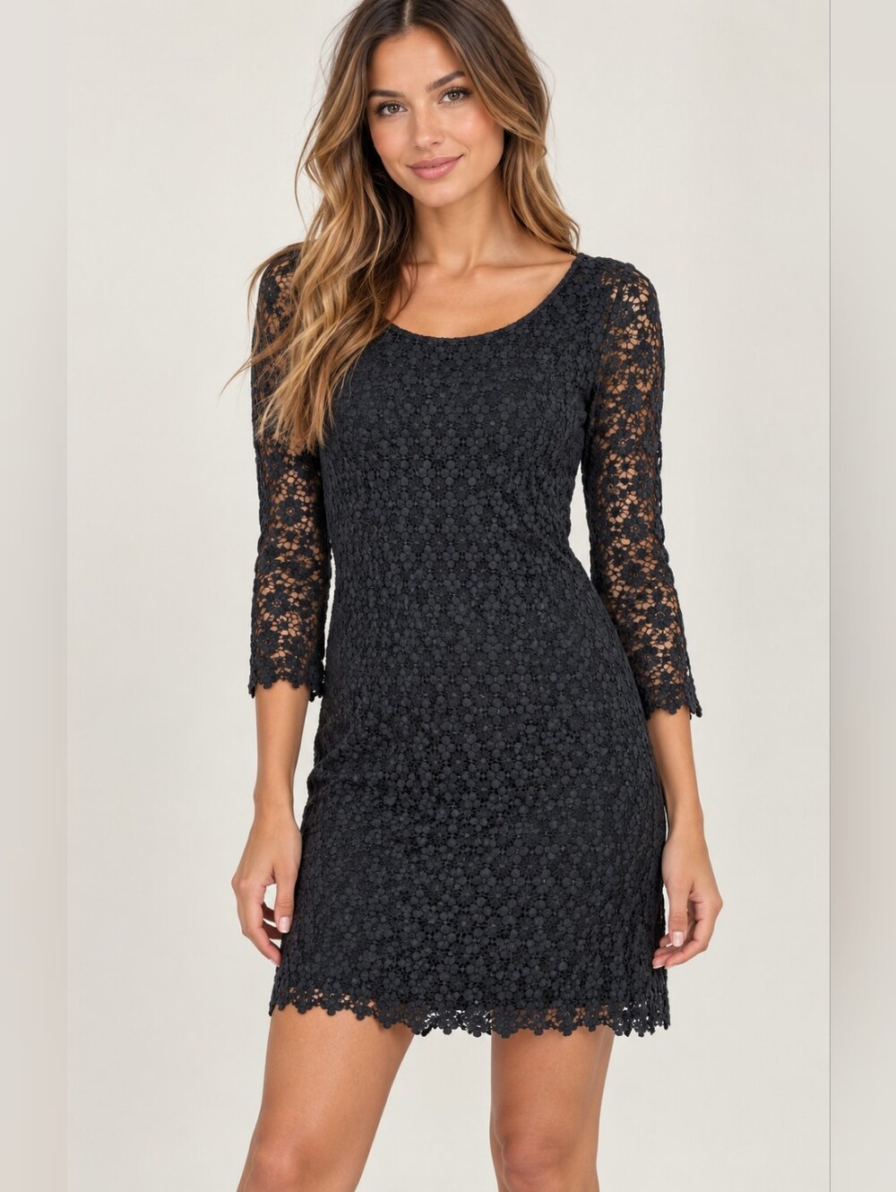 Velvet by Graham & Spencer Black Floral Lace Long-Sleeve Sheath Dress